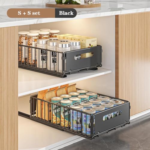 Pull Out Cabinet Organizer, Slide Out Cabinet Organizer Heavy-Duty Carbon Steel Expandable Drawer Adjustable Sliding Shelf Under Sink Rack Shelf for Kitchen Pantry Bathroom Closet - color: black small 2pcs
