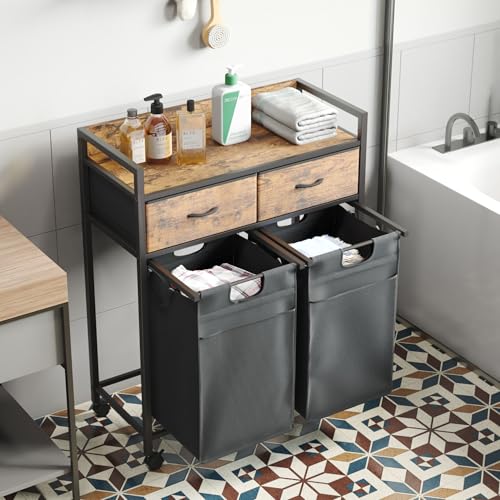 Mondeer Laundry Sorter with 2 Drawers, 100L with Pull-Out Removable Laundry Bags, Laundry Hamper Baskets with 2 Section and Wheels, Rustic Brown and Black - size: 2 Drawers