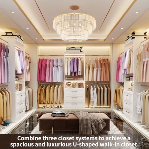 Closet System with 3 Drawers, 4–8.5 Ft Closet Organizer System with 5 Adjustable Hanging Rods & Shelves, Wood Walk-In Closet System, Built-In Modular Closet Kit, Sturdy Garment Rack, White