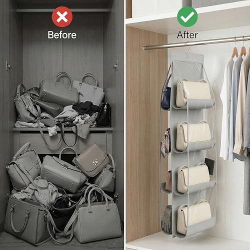 4-Pack Hanging Purse Organizer for Closet, Purse Storage Holder with 8 Clear PVC Pockets, Space Saving Handbag Hanger for Wardrobe Door Wall, Foldable Non-Woven Fabric, Gray