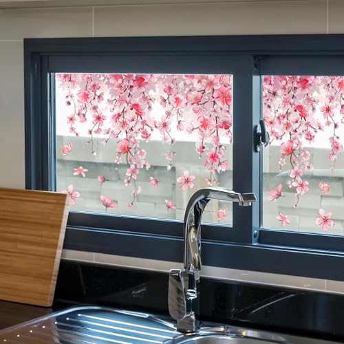 Cherry Blossom Window Clings, Double-Sided Sakura Summer Jungle Window Stickers, Nature-Inspired Glass Decals for Bedroom, Living Room, Kitchen, Office, Home Seasonal Decor