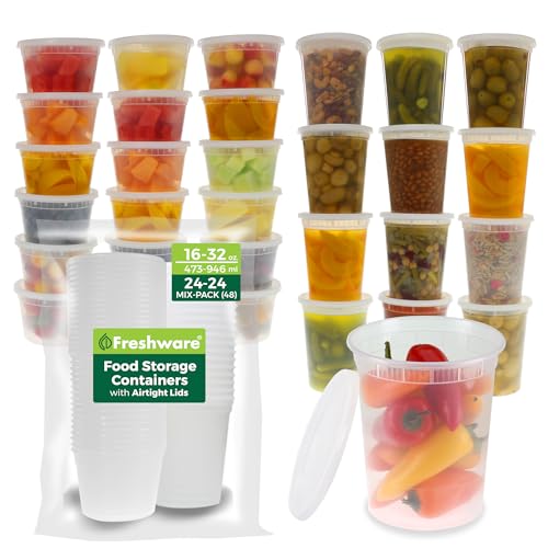 Freshware 48 Pack of 16 and 32 oz, 24 sets each size Food Storage Containers with Lids, Plastic Deli Containers, Meal Prep Containers, Microwave and Freezer Safe, Stackable, Leakproof, BPA Free, Clear - size: 16, 32 oz - 48 Sets