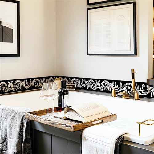 Black Floral Molding Wall Border Stickers, sacinora Skirting Wall Waist Line Decal Removable Vinyl Peel and Stick Bathroom Bedroom Kitchen Living Room Door Trimming Mirror Frame Frill Home Decorations