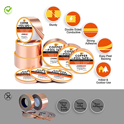 CHANZON 130ft Copper Foil Tape 6mm 1/4 inch Double Sided Conductive Adhesive for Stained Glass,Soldering,Electric,Crafts,Repair,Paper Circuits,Grounding,Guitars(2 Pack)