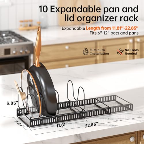 MUDEELA 2 Pack Pots and Pans Organizer Rack for under Cabinet, Expandable Pot Lid Kitchen Cabinet Organizer Holder with 10 Adjustable Compartment Cutting Board Organizer for Pan Lid, Bakeware Sheet - style: 2 Pack 10 Dividers-Black