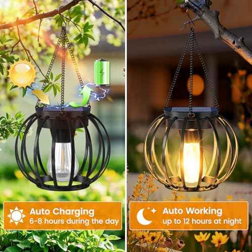 Solar Lanterns Outdoor Waterproof 4 Pack, Upgraded Metal Hanging Solar Lights for Outside with Auto On/Off & Hook - Brighter Hanging Outdoor Lanterns Decorative Lighting for Garden Patio Yard
