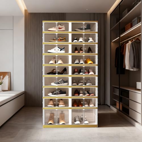 SYNCVIBE Shoe Rack Organizer for Closet Entryway Foldable Sneaker Storage Shoe, Collapsible Shoe Cabinet, Stackable Shoe Storage Cabinet with Lids for Living Room (9 Tiers -36 Pairs White Gold) - size: 9 Tiers -36 Pairs White Gold