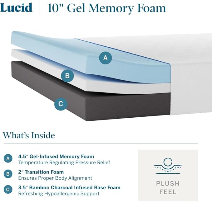 LUCID 10 Inch Memory Foam Mattress - Plush Feel - Infused with Bamboo Charcoal and Gel - Bed in a Box - Temperature Regulating - Pressure Relief - Breathable - California King Size