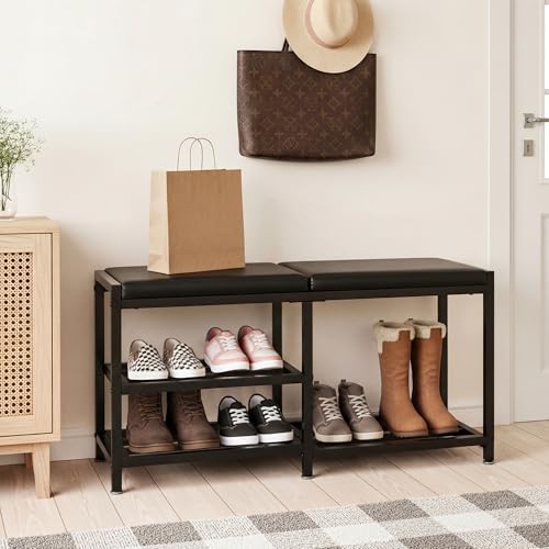 Shoe Rack Storage Bench for Entryway - Iron Shoe Rack with Bench for Entryway, Front Door Entrances or Bathroom, Space-Saving and Robust, Holds Up to 560 lb