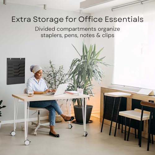 4 Tier Wall Mounted File Organizer, Metal Task Rack for Office Documents, Mail & Folders, Space-Saving Office Wall Organizer, Black 19.5”H - color: Black