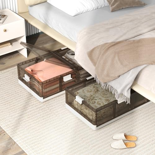 Giantex 26.5Gal Under Bed Storage Containers, 2 Pack Stackable Rolling Plastic Storage Boxes with Wheels & Lids, Clear Collapsible Storage Bins for Clothes, Shoes, Blankets