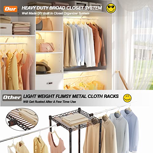 8FT Closet System, 96'' Closet Organizer System with 3 Hanging Rods, Wall Mount Bedroom Wardrobe with 3 Drawers Walk-in Closet, Adjustable Cloth Garment Rack from 5 to 8FT (Cut to Fit), White - color: White