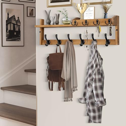 Coat Rack Wall Mount with Shelf, 27.5" Entryway Wall Hanging Shelf, Coat and Key Hanger with 10 Dual Hooks, Mail Organizer and Key Holder Hat Rack for Wall, Wood Coat Hooks with Storage - color: Brown