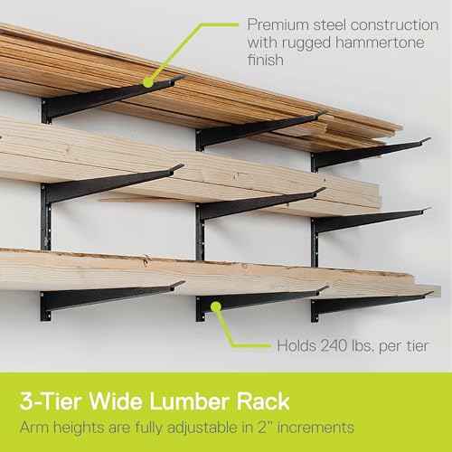 Heavy Duty Lumber Storage Rack by Delta Cycle, Holds Up to 720 lbs - 3-Tier Wide Wood Storage Rack with Fully Adjustable Arms - Steel Construction Storage Solution for Garage, Basement & Pantry