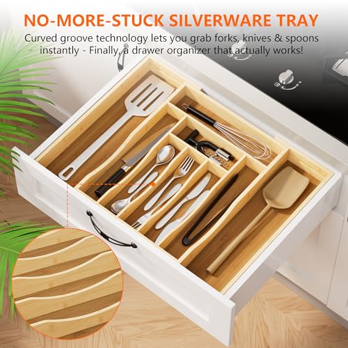 Expandable and Adjustable Bamboo Drawer Organizer Tray - Cutlery Drawer Organizer for Kitchen Utensils, Silverware Organizer with Dividers, 7-9 Slots with Curved Grooves (Natural) - size: 7-9 Slots