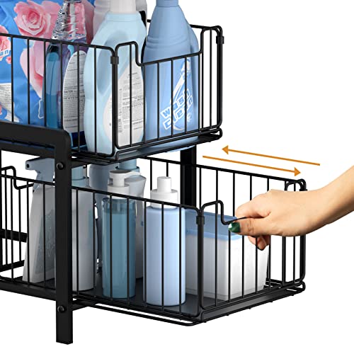 NPPLUS 2-Tier Under Sink Organzier: Iron Under Sink Cabinet Organizers With Sliding Drawer - Pull Out Home Storage For Bathroom Kitchen Desktop (Black)