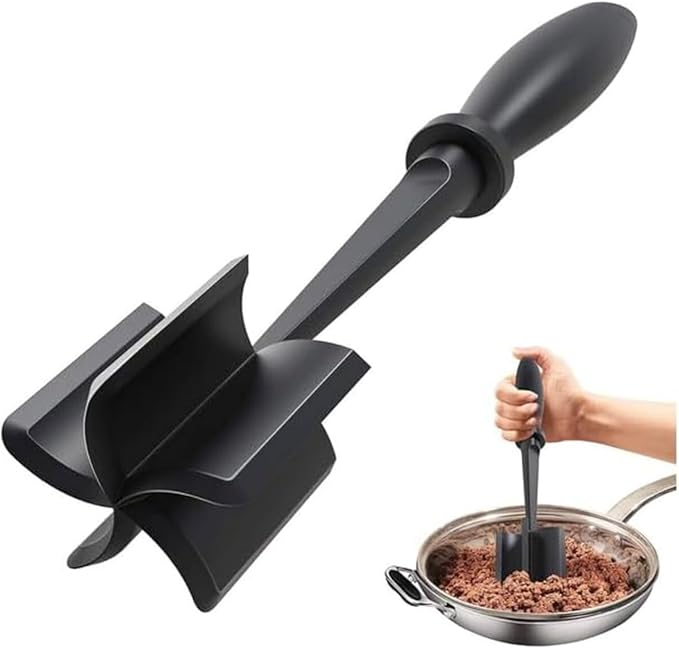 Meat Masher for Ground Beef and Vegies, Heat-Resistant, Hamburger Masher Grinder Tool, Non-Stick, Dishwasher Safe, BPA-Free, Food Grade, Black Color