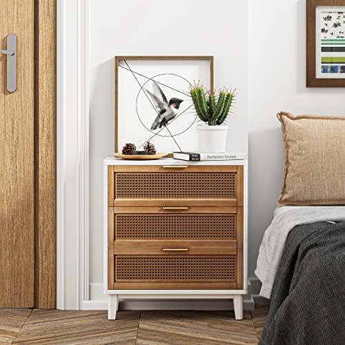 COZAYH Farmhouse 3-Drawer Nightstand, Set of 2 Rattan Cane Front Accent Dresser with Brass Pull, Distressed White - color: Distressed White, style: 3 Drawer/2 pack