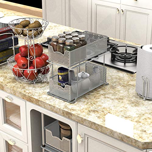 SIMPLE HOUSEWARE 2 Tier Sliding Cabinet Basket Organizer Drawer, Silver - color: Silver, size: 1-Pack