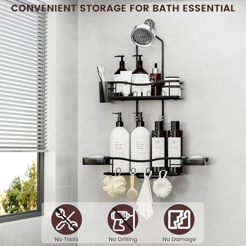 REINHARDT Shower Caddy Hanging, Rustproof Shower Caddy Anti-Swing Shower Organizer Over Showerhead No Drilling Shower Racks with Soap Holder Multi Hooks Bathroom Storage for Shampoo Sponge, Black - color: Black