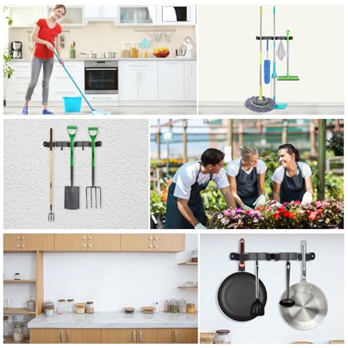 Huryfox Heavy-Duty Stainless Steel Broom Holder, Black, Wall Mount, 1-4 cm Diameter Compatible, Adjustable, 3 Racks, 2 Hooks, Space-Saving - size: 3 Racks and 2 Hooks