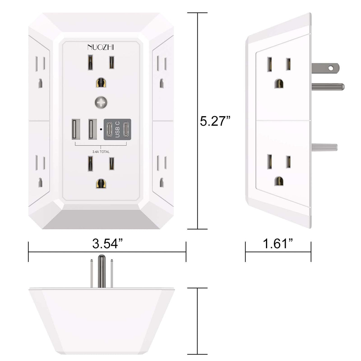 Outlet Extender Surge Protector - NUOZHI 6 Outlet Splitter with 4 USB Ports(2 USB-C), Multi Plug Wall Outlet 1680J Power Strip for Home Office Dorm Room Essentials, ETL, White