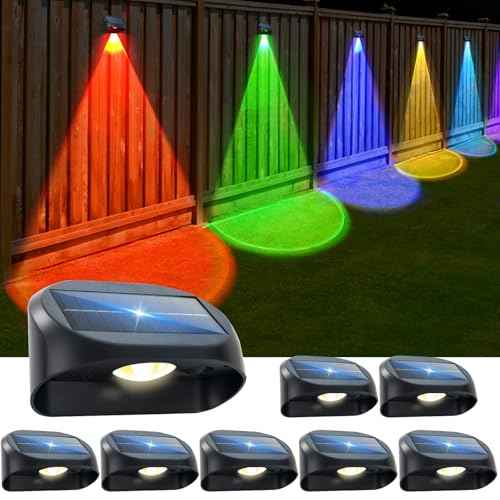 Solar Fence Lights Outdoor Waterproof, Solar Powered Fence Lights with Warm White & RGB Modes, Outdoor Wall Light Fixtures for Backyard, Patio, Deck Railing, Pool, Wall (WRGB 8 Pack)