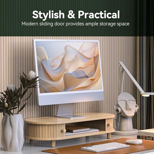 Bamboo Monitor Stand with Storage, Curved Computer Laptop Stand Desk Shelf Organizer with Sliding Doors (25 inch) - size: 25 inch