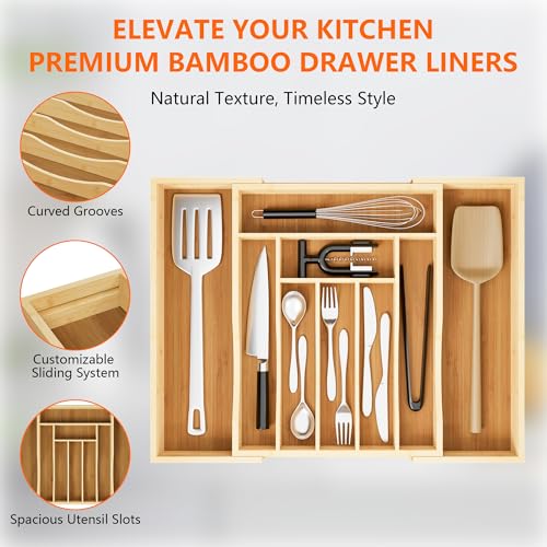 Expandable and Adjustable Bamboo Drawer Organizer Tray - Cutlery Drawer Organizer for Kitchen Utensils, Silverware Organizer with Dividers, 7-9 Slots with Curved Grooves (Natural) - size: 7-9 Slots