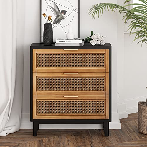 COZAYH Farmhouse 3-Drawer Nightstand, Set of 2 Woven Cane Front Accent Dresser with Brass Pull, Fully-Assembled, Black - color: Black, style: 3 Drawer/2 pack
