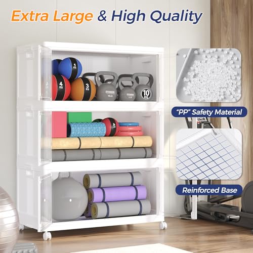250GAL Large Stackable Storage Bins with Lid and Wheels, 1000Qt Collapsible Organizer Cabinet with Clear Door, for Closet, Bedroom, Kitchen, Garage, 5-Pack White - style: 5 Pack