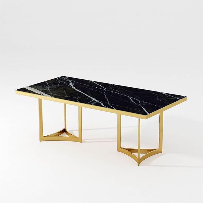 POVISON Marble Dining Table for 6, Modern Table 71" for Kitchen & Dining Room, Luxury Black Dining Table with Gold Trestle Pedestal(Table Only)