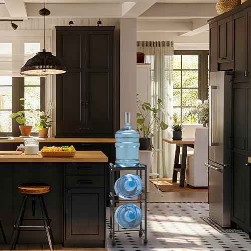 2 Tiers Water Rack Top Storage Shelf with 4 Wheels - Space Saving Dispenser Stand 5 Gallon Water Storage Rack Bottle Jug Holder Organizer/Lockable&Removable Casters/Kitchen Office Garage