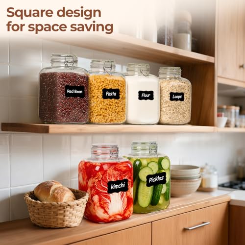 ComSaf 5L Square Glass Jars with Airtight Lids (1.3 Gallon, Set of 2), Space-Saving Canisters for Bulk Flour & Rice Storage, Ideal for Large-Batch Fermenting, Pickling & Kombucha - size: 1.3 Gal*2
