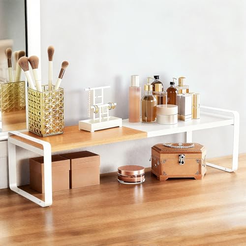 Expandable Cabinet Shelf Organizer & Spice Rack, Stackable Kitchen Counter Shelf with Anti-Slip Legs, Bamboo Cupboard Storage Riser for Dish, Plate & Canned Food (White)