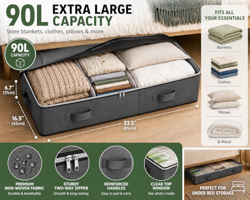 Under Bed Storage Containers 90L set 4 bags, Closet Organizers and Storage Bins, Foldable Underbed Storage Bags for Wrapping Paper, Blanket, Clothing, Comforter, Sweaters, Pillows, Linen Sheets, Grey