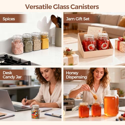 ComSaf Set of 6 Square Glass Jars with Airtight Lids (8 Oz), Pantry Canisters for Spices, Jams, & Herbs, Wire Clamp Jar for Overnight Oats, Pickling, Favors, Includes Labels & Funnel - size: 8oz*6