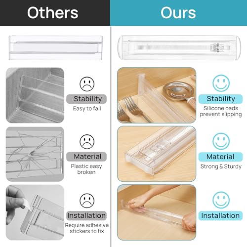 Vtopmart 8 Pack Shallow Drawer Dividers, 2.36" High 12.5"-20.8" Adjustable Expandable Kitchen Drawer Organizer, Clear Plastic Organizer Separators for Flatware, Utensil, Cutlery, Underwear, Clothes - size: 2.36" H, 12.5"-20.8" L