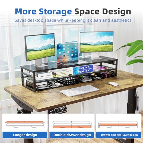 Simple Trending 2 Tier Metal Monitor Stand Riser with USB 2.0 and Charging Prot , Computer Office Desktop Organizer for 2 Monitors with 2 Drawer Storage and Reusable Cable Ties for Printer, TV, Black
