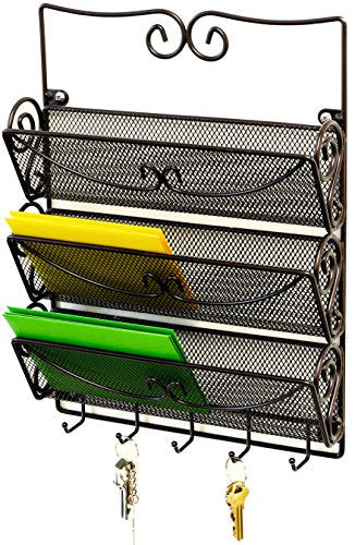 Deco Brothers Wall Mail Organizer with 5 Key Holder, 3 Tier, Bronze