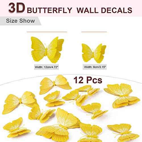 uxcell 12pcs 3D Butterfly Wall Stickers Decal Removable Fresco Sticker DIY Art decoration with Double Wing for Home Room decoration Yellow