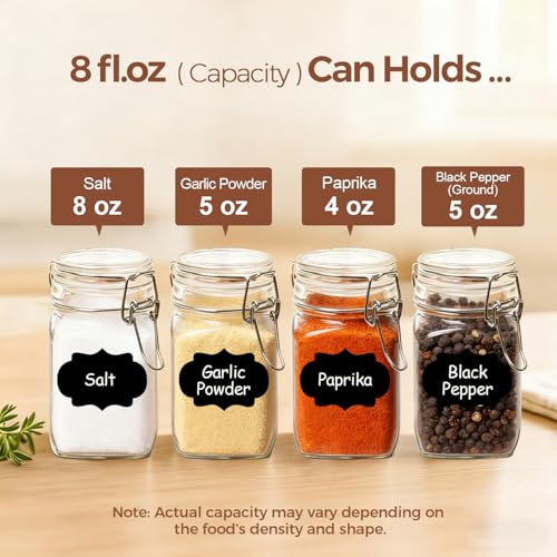 ComSaf Set of 6 Square Glass Jars with Airtight Lids (8 Oz), Pantry Canisters for Spices, Jams, & Herbs, Wire Clamp Jar for Overnight Oats, Pickling, Favors, Includes Labels & Funnel - size: 8oz*6