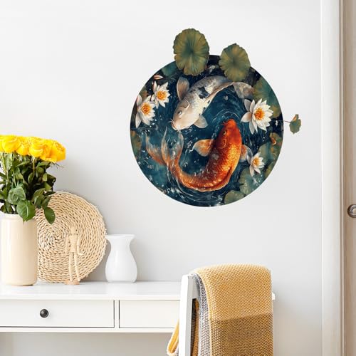 Yin Yang Koi Fish Wall Decals Removable Round Zen-Inspired Lotus Vinyl Stickers for Nursery Kids Bedroom and Playroom Decor Peel and Stick Chinese Style Wall Art