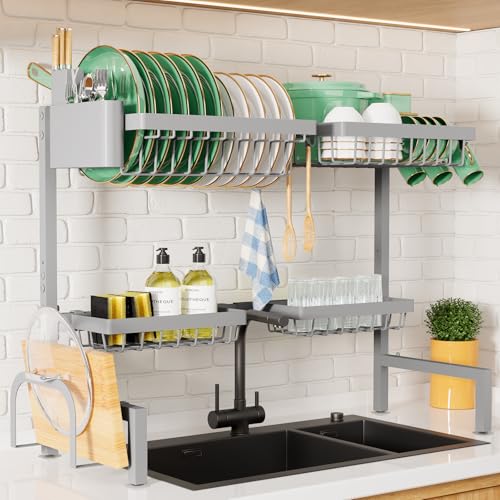 Kitsure Over The Sink Dish Drying Rack - 30.0" to 33.9"x21.5", Adjustable Sink Drying Rack for Kitchen Sink with Multifunctional Baskets, Grey - color: Gray, size: Large