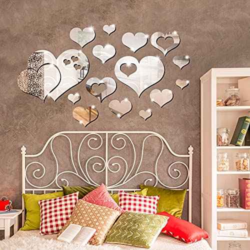 17 Pieces Heart Mirror Wall Decal 3D Acrylic Heart Mirrors Wall Art Decor Removable Sticker for Living Room Bedroom Home Decoration
