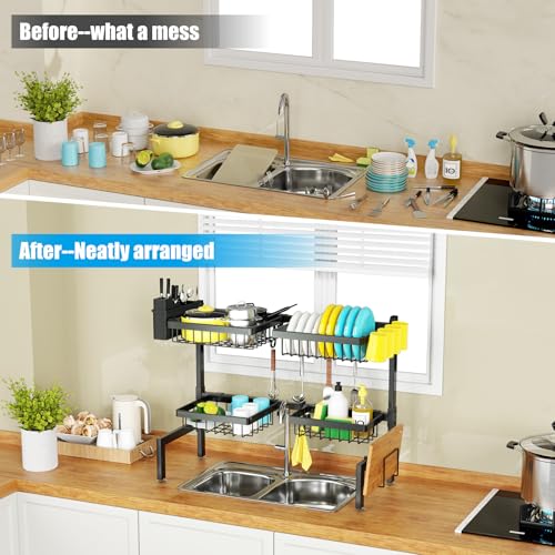 SNSLXH 4 Baskets 2-Tier Over The Sink Dish Drying Rack, 26.57"-35", Large Sink Rack for Kitchen, Extensible and Adjustable, Saving Kitchen Space - size: 2 tiers 4 baskets