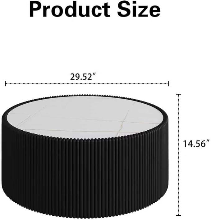 Black Round Coffee Table with Sintered Stone Tabletop, 29.52" Drum Coffee Table with Fluted PU Leather Covered and Stable Base, Circle Cocktail Tea Table for Living Room