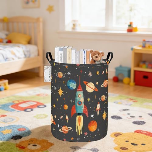 FANKANG Storage Basket, Nursery Hamper Canvas Laundry Basket Foldable with Waterproof PE Coating Large Storage Baskets for Kids Boys and Girls, Office, Bedroom, Clothes,Toys(Space rocket) - color: Space rocket