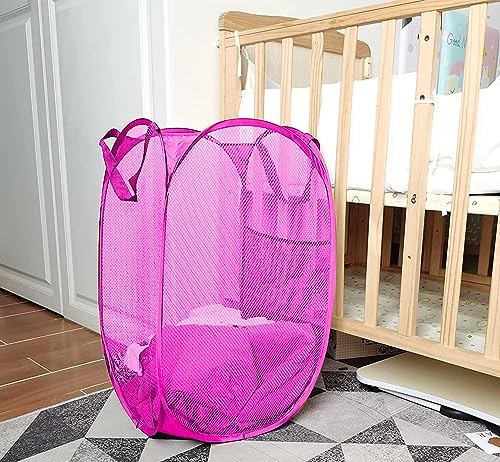 Larpur Popup Laundry Basket, Collapsible Portable Mesh Clothes Washing Laundry Hamper with Reinforced Carry Handles (Pink) - color: Pink