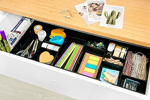 CAXXA 3 Slot Drawer Organizer with 4 Adjustable Dividers - Junk Drawer Storage for Office Desk Supplies and Accessories, Black (1 Pack)